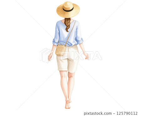 Relaxed vacation look, watercolor character behind wearing casual outfit 125790112