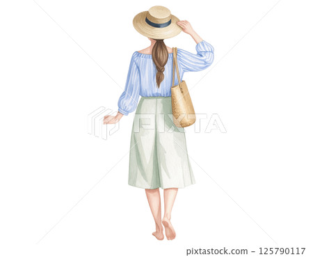 Relaxed vacation look, watercolor character behind wearing casual outfit Relaxed vacation look, watercolor character behind wearing casual outfit 125790117