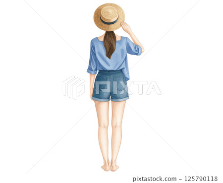 Relaxed vacation look, watercolor character behind wearing casual outfit Relaxed vacation look, watercolor character behind wearing casual outfit 125790118