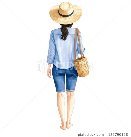 Relaxed vacation look, watercolor character behind wearing casual outfit 125790128