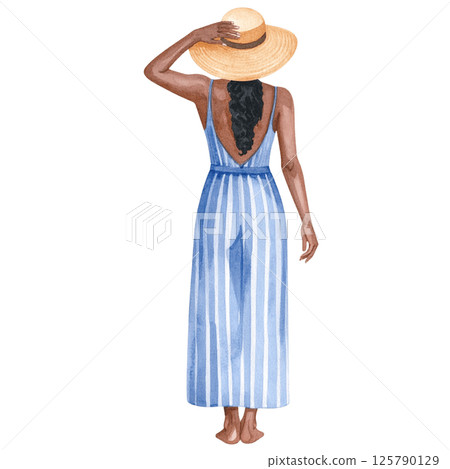 Relaxed vacation look, watercolor character behind wearing casual outfit 125790129