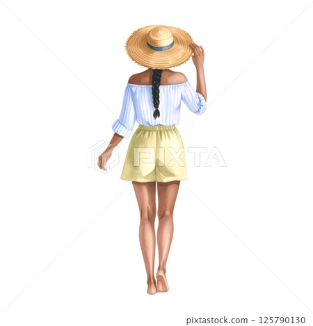 Relaxed vacation look, watercolor character behind wearing casual outfit 125790130