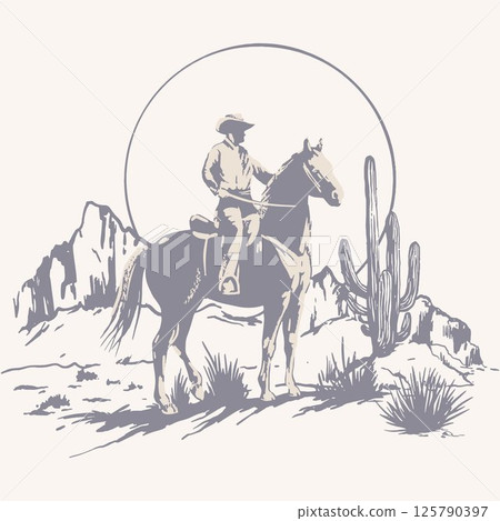 Rodeo Cowboys on Horseback Vector Print. Desert Landscape with Cacti. Wild West Surface Poster Design for All Fabrics and Prints 125790397