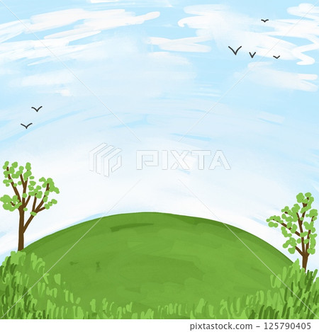 Hand drawn illustration of nature park landscape with green grass blue sky birds. Garden outdoor field design, Clean calm print with emptry space, summer spring meadow lawn backyard, square view art. 125790405