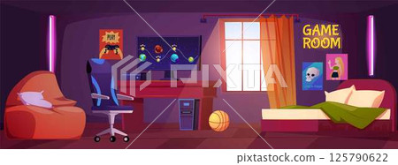 Interior vector design of teenage gamer bedroom with a computer, Game room signboard, play station video games console 125790622