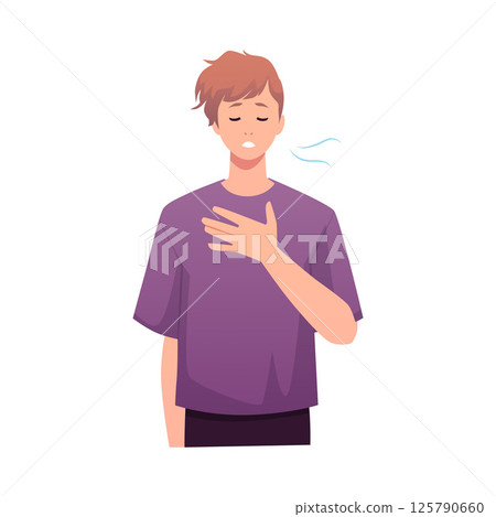 Vector illustration of young man practicing breathing exercises. 125790660