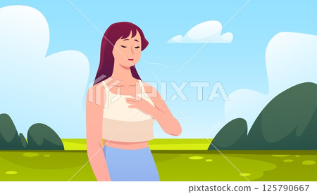Woman standing makes calm breathing exercise on nature landscape, holding chest and eyes closed vector flat illustration Woman standing makes calm breathing exercise on nature landscape, holding chest and eyes closed vector flat illustration 125790667
