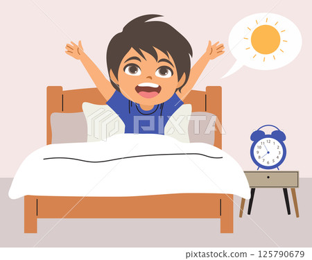 Baby Boy Morning Routine Waking Up in Bed Vector Illustration Baby Boy Morning Routine Waking Up in Bed Vector Illustration 125790679