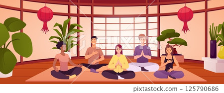 People in lotus posture makes calm breathing exercise and meditation in Japanese room interior vector flat illustration 125790686