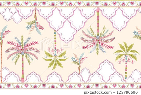 Seamless Multicolored Watercolor Moroccan Pattern with Stylized Palm Trees and Geometric Texture , Creative Repeat Modern Pattern with Ornamental Design 125790690