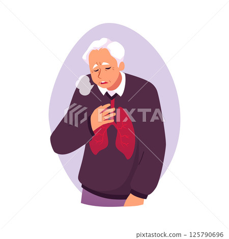 Vector illustration of an elderly man with difficulty breathing and diseased lungs. 125790696