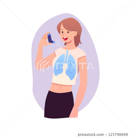 Young woman uses an inhaler, Bronchial Asthma, Allergy disease aerosol treatment vector flat illustration, lungs organ Young woman uses an inhaler, Bronchial Asthma, Allergy disease aerosol treatment vector flat illustration, lungs organ 125790699