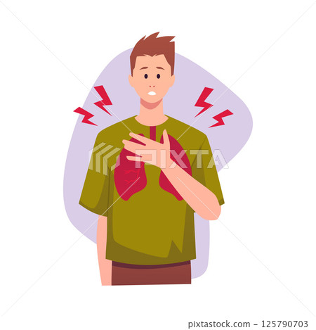 Unhealthy breathing man holding chest with red lungs organ and lightning, Bronchial Asthma, Allergy disease flat vector 125790703