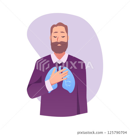 Breathing. Vector illustration of a bearded man with healthy lungs. 125790704