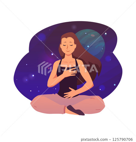 Woman in lotus posture makes calm breathing exercise and meditation on space scenery, yoga practice vector illustration Woman in lotus posture makes calm breathing exercise and meditation on space scenery, yoga practice vector illustration 125790706