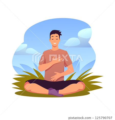 Man in lotus posture on the lawn makes calm breathing exercise on nature, holding chest and stomach vector illustration 125790707