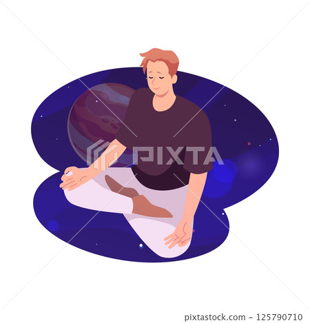 Man in lotus posture makes calm breathing exercise and meditation on space scenery, yoga practice vector illustration 125790710