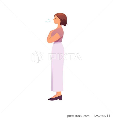 Woman standing makes calm breathing exercise, breathe out, holding chest and eyes closed vector illustration side view 125790711