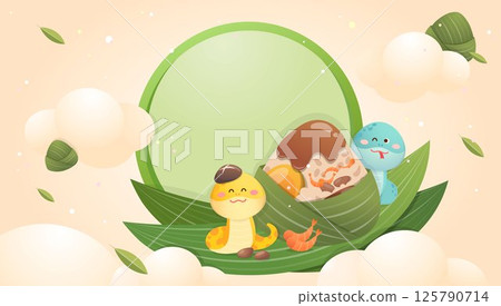 Chinese Dragon Boat Festival and round frame commercial poster, cute snake and rice dumpling mascot 125790714