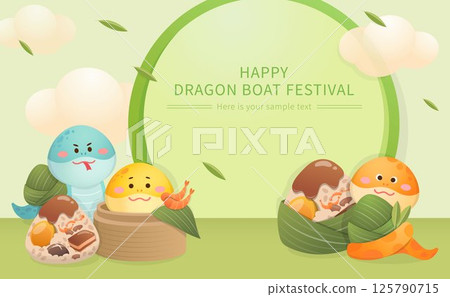 Round frame advertising poster, Chinese Dragon Boat Festival with rice dumplings and playful snake mascot 125790715