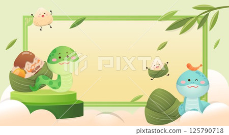 Chinese style festival poster, snake and zongzi mascots happily celebrate the Dragon Boat Festival 125790718