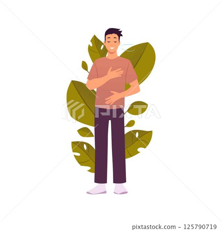Man standing makes calm breathing exercise on floral backdrop, holding chest and stomach, eyes close vector illustration 125790719
