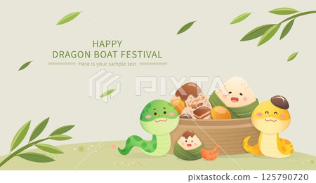 Dragon Boat Festival advertisement or event poster, cute mascot and snake character 125790720