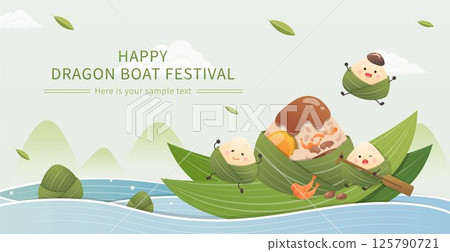 Horizontal Dragon Boat Festival commercial poster with cute Zongzi mascot and boat race Horizontal Dragon Boat Festival commercial poster with cute Zongzi mascot and boat race 125790721