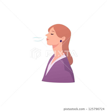 Young woman standing makes calm breathing exercise, breathe out and in with eyes closed vector flat illustration Young woman standing makes calm breathing exercise, breathe out and in with eyes closed vector flat illustration 125790724