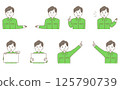 Illustration set of a man in work clothes giving directions 125790739