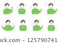 Illustration set of men in work clothes doing various actions 125790741