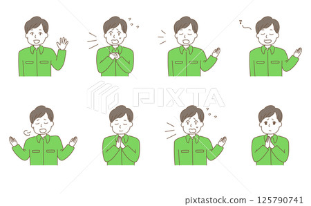 Illustration set of men in work clothes doing various actions Illustration set of men in work clothes doing various actions 125790741