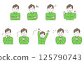 Illustration set of a man in work clothes expressing surprise and negative emotions 125790743