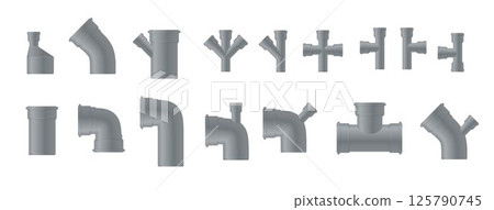 Plastic Pipe. Industry pipeline. waste pipes industrial pipeline tubes plumbing pressure system set. Water tube plastic canalization technology. Vector 125790745