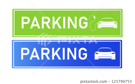 Car parking eco electric icon set. Parking and traffic signs isolated on white background. Map parking pointer. Vector 125790753