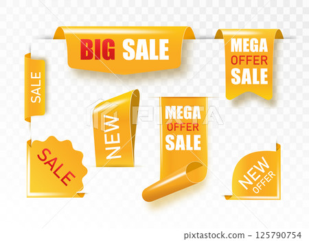 Golden satin ribbon tag. Gold textile label for sale promotion text. Discount and special offer badge. Vector Golden satin ribbon tag. Gold textile label for sale promotion text. Discount and special offer badge. Vector 125790754