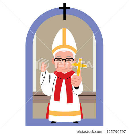 Cartoon Pope In Official Attire Blessing with Cross Vector Illustration 125790797
