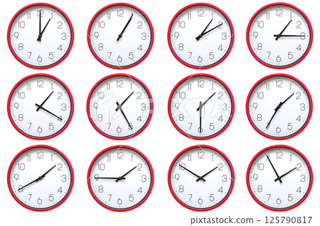 A set of 12 red wall clocks showing each hour from 01:00 to 01:55 or 13:00 to 13:55. Isolated on white background ideal for concepts related to time. 125790817