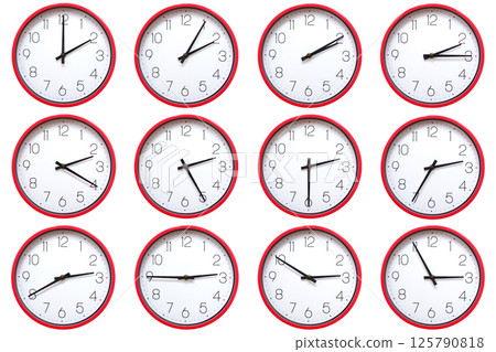 A set of 12 red wall clocks showing each hour from 02:00 to 02:55 or 14:00 to 14:55. Isolated on white background ideal for concepts related to time. 125790818