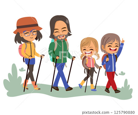 Happy Family Hiking Outdoors Summer Recreation Vector Illustration 125790880