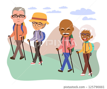 Senior Friends Traveling with Backpacks Hiking Concept Vector Illustration 125790881