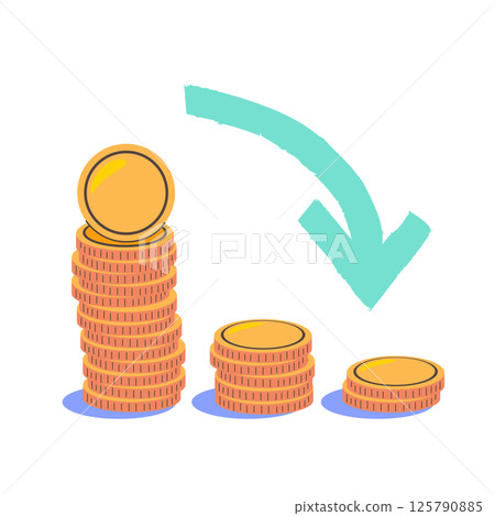 Gold Price Drop Falling Arrow and Coin Stack Vector Illustration 125790885