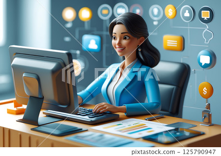 A woman using a computer in the office to process information, ai 125790947