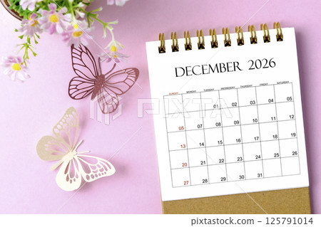 December 2026 desk calendar for the organizer to plan and reminder and paer butterfly on pink background. 125791014