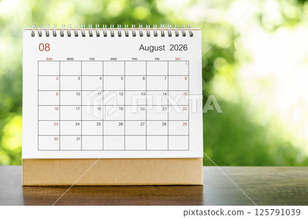 August 2026 Calendar desk for organizer to plan and reminder on wooden table. August 2026 Calendar desk for organizer to plan and reminder on wooden table. 125791039