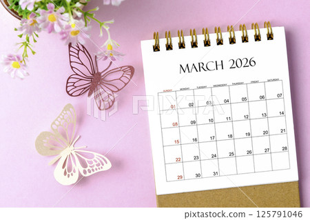 March 2026 desk calendar for the organizer to plan and reminder and paer butterfly on pink background. 125791046