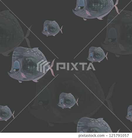Muted fish seamless pattern on black background. Dark marine design. Hand-painted watercolor illustration of pensive fish. Perfect for stylish school supplies, textile, wrapping paper Muted fish seamless pattern on black background. Dark marine design. Hand-painted watercolor illustration of pensive fish. Perfect for stylish school supplies, textile, wrapping paper 125791057