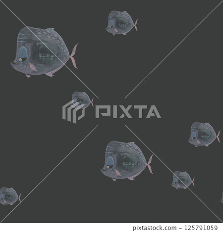 Black seamless marine pattern. Fish watercolor illustration on dark background. Perfect for fashion fabric, luxury product packaging, gift bags, stationary Black seamless marine pattern. Fish watercolor illustration on dark background. Perfect for fashion fabric, luxury product packaging, gift bags, stationary 125791059