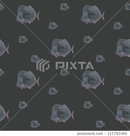 Pale fish pattern on black background. Hand-drawn watercolor illustration. Translucent school of fish in muted tones. Ideal for fabric, stationary, notebook covers, and digital design Pale fish pattern on black background. Hand-drawn watercolor illustration. Translucent school of fish in muted tones. Ideal for fabric, stationary, notebook covers, and digital design 125791060