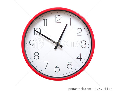 Minimalist red framed wall clock pointing at 00:50 or 12:50. Isolated on white background. Concept of time management. Minimalist red framed wall clock pointing at 00:50 or 12:50. Isolated on white background. Concept of time management. 125791142